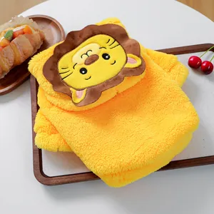 Cozy yellow flannel pet hoodie featuring a cute cartoon lion embroidery design