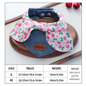 Size chart for floral and denim pet bandana featuring S and M dimensions for cats and dogs