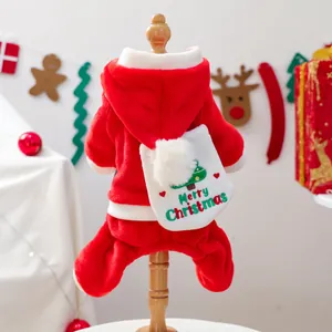 Close-up of plush Christmas pet jumpsuit featuring Merry Christmas embroidery and soft velvet