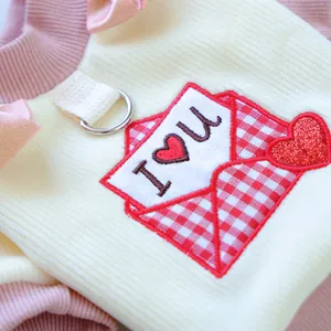 Süßes Haustierkleidung Detail Nahaufnahme, rosa-weißer Pullover mit Liebesumschlag Stickerei.