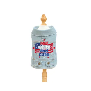 Denim pet vest featuring star and stripes embroidery with red WHITE and cute text