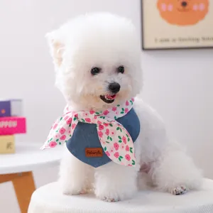 Floral cotton and denim pet triangle bib scarf with brand leather label for small dogs
