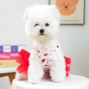 Close-up of red and white pet dress with heart prints and multi-layer tutu mesh skirt