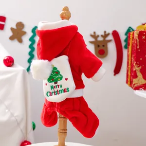 Detail of red fleece Christmas pet outfit with Merry Christmas embroidery on a small bag