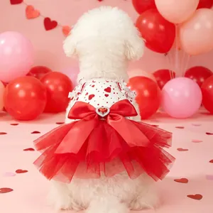 Pet Dog Cat Princess Dress For Valentine's Day Red Heart Pattern Gauze Tutu Skirt With Satin Bow Rhinestone Embellishment