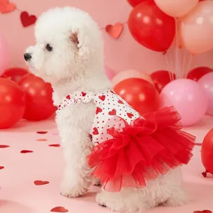 Dog Valentine dress with heart top and red tulle skirt for small pets on festive party
