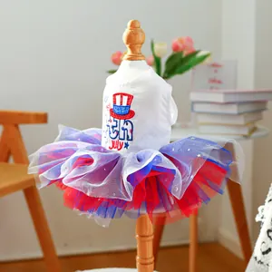 Detail of Fourth of July pet tutu dress featuring embroidered patriotic top and star mesh skirt