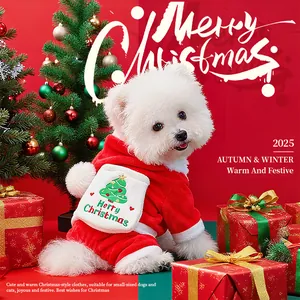 Christmas Theme Pet Dog Cat Four-Legged Jumpsuit Warm Fleece Lined Red White Embroidery Christmas Tree Pet Clothes Festive Apparel