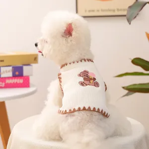 Süße Haustier Strickweste Mit Bären Stickerei Für Kleine Hunde Katzen Warm Bequem Rippstrick Hundetanktop Welpen Kleidung Beige