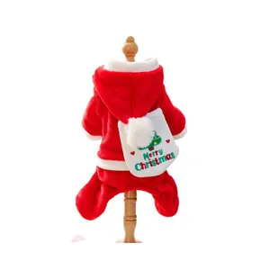 Plush red Christmas pet onesie with hood and white fleece trim for small dogs and cats