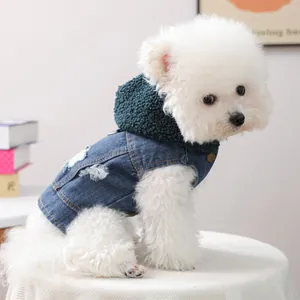 Dog denim vest with green sherpa hood for small pets in cozy autumn winter style