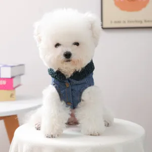 Dog denim vest with green lamb wool collar and warm fleece lining for small pets