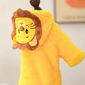 Detail of warm yellow flannel lion pet costume featuring fuzzy mane and 3D ears