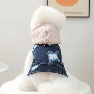 Denim dog vest with pink sherpa hood and D-ring buckle for small pets in winter