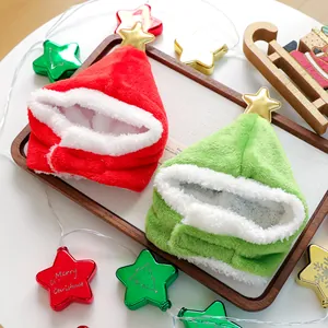 Festive Christmas tree pet hats for cats and dogs with gold star and plush trim