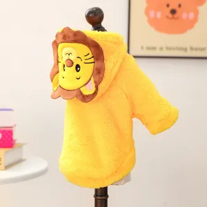 Detail of warm yellow lion hoodie for pets with soft flannel mane and embroidery