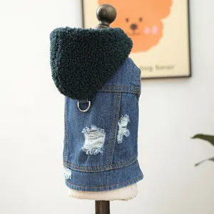 Close-up of pet denim vest featuring green fleece hood and metal D-ring for leash