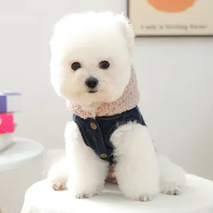 Warm blue denim pet vest with pink faux fleece collar and gold buttons for small dogs