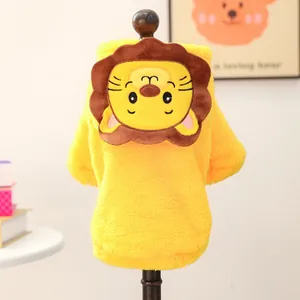 Detailed view of yellow fleece pet hoodie with a cute 3D cartoon lion embroidery patch