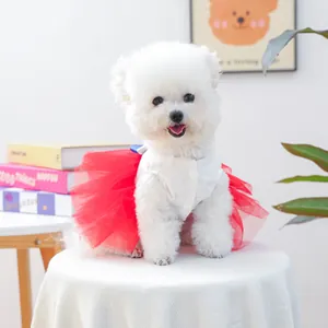 Detail of red tutu dress with white waffle knit top and blue bow on a Bichon Frise