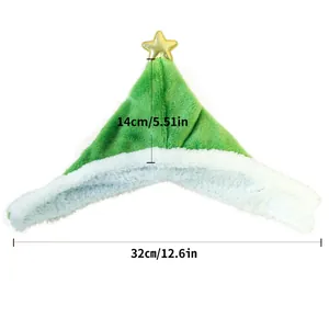 Detailed size specifications for green plush pet Christmas tree hat with gold star topper