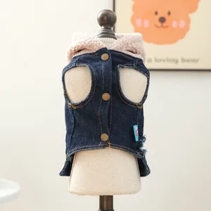 Detail of pet denim vest featuring warm pink fleece hood and vintage button closure