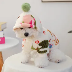 Warm cartoon pet hoodie with sheep fleece fabric and green pom-pom for small dogs