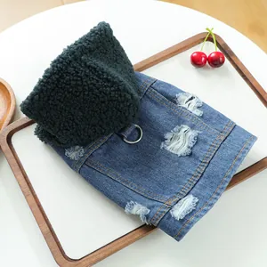 Detail of pet denim jacket with green fleece hood and metal D-ring for leash attachment