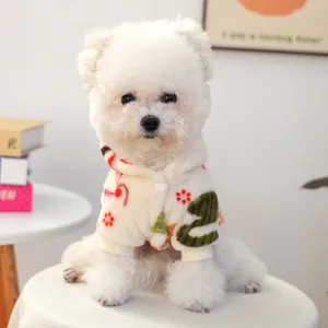 Warm beige fleece pet hoodie featuring green abstract patterns and red floral accents