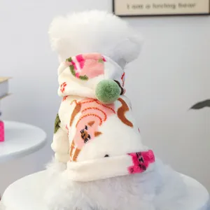 Cute beige cartoon pet hoodie in warm coral fleece for small dogs and cats