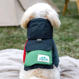 Three-color patchwork dog winter jacket with windproof hood and back D-ring for leash