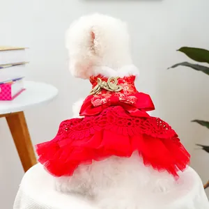 Chinese Style Pet Dog Dress Red Gold Floral Embroidery New Year Festive Costume With Bow Lace Mesh Tulle For Small Dogs Cats