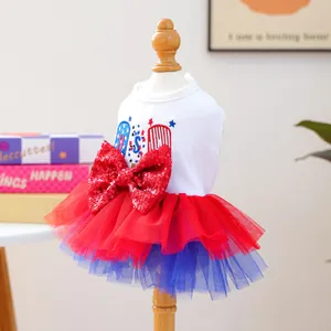 Detail of USA theme pet dress with sequin red bow and red blue layered tulle skirt