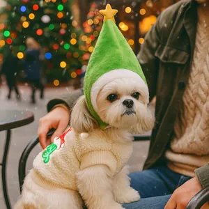 Christmas pet outfit set with green tree hat and fleece vest for small dogs and cats