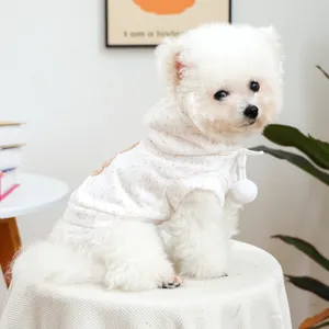 Cute beige polka dot dog hoodie with plush pompom drawstring for small pets