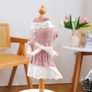 Detailansicht der rosa Hundestrickkleid mit weißer Spitze und Perlenknöpfen