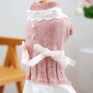 Detailaufnahme von rosa Haustierkleid mit Perlenknöpfen, Schleifen und Spitzenbesatz
