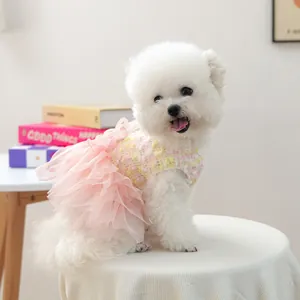 Cute pink tweed mesh dog tutu dress, stylish small puppy princess clothes for daily wear.