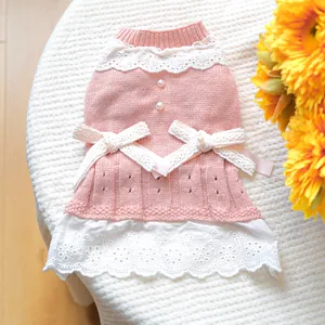 Detailansicht der rosa Strickkleid für Haustiere mit Spitze und Perlenknöpfen