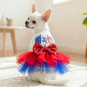Pet Independence Day Dress Dog Cat Tutu Skirt USA Flag Stars Stripes Theme Puffy Dress With Sequin Bow For Small Dogs Cats