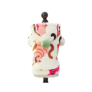 Cozy cream puppy hoodie with cartoon cat print and green pom-pom for small dogs