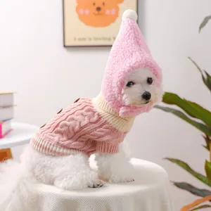 Pet Dog Cat Winter Warm Knitted Cable Sweater And Fleece Hat Set Pink Off White Button Decor Puppy Kitty Crochet Apparel