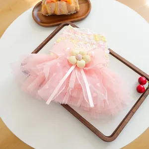 Cute pink pet mesh tutu dress for small dogs puppy, beautiful floral princess dog apparel.