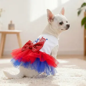 Patriotic dog tutu dress with red sequin bow and star patterns for small dogs