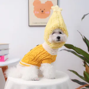 Conjunto de Suéter de Punto de Ocho para Perro Gato y Gorro de Estrella Forro Polar Ropa Cálida Invierno Otoño Mascotas Amarillo