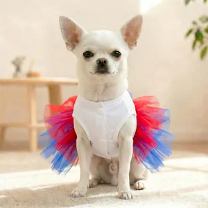 Patriotic pet tutu dress for small dogs with red and blue mesh skirt and white vest button top