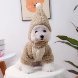 Thick warm camel pet hoodie with fleece texture and pom-pom hat for small dogs and cats