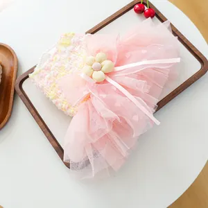 Cute pink mesh dog dress for small puppies, sweet floral fluffy pet skirt for daily wear.