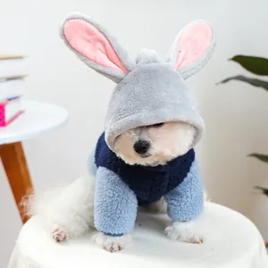 Blue hooded pet fleece jacket with cute rabbit ears for small dogs in winter
