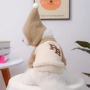 Winter Warm Lamb Wool Pet Hoodie Jacket With Pointed Hat Pom Pom Color Block Embroidery Soft Dog Cat Sweatshirt Outerwear